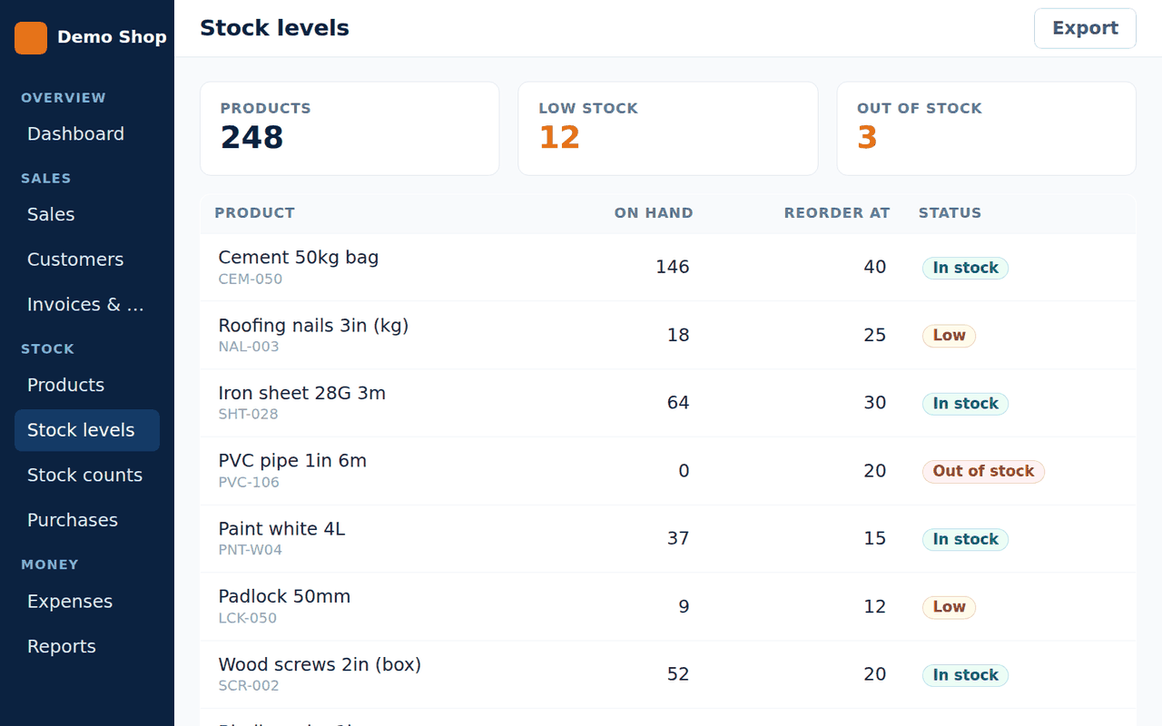 ElgoTrack inventory list with stock levels
