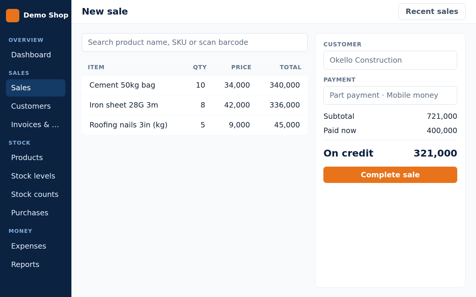 ElgoTrack sales and receipts